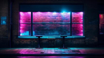 Glowing neon frame adorning a textured brick wall.