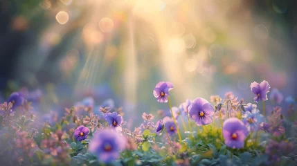 Rolgordijnen The sun's rays illuminate tiny purple pansy or viola tricolor in the flowerbed. © Tanya