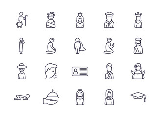 editable outline icons set. thin line icons from people collection. linear icons such as shepherd, princes, aviation, spanish woman, bearded woman, students graduation hat