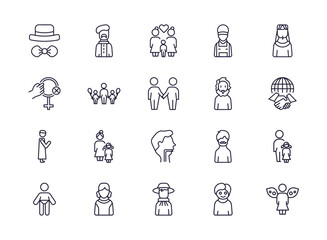 editable outline icons set. thin line icons from people collection. linear icons such as elegant, lesbian couple, technician, father and daughter, argentina, grace