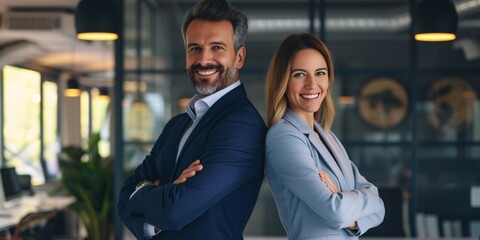 Two content entrepreneurs standing with arms folded and grinning at camera in workplace. Collaboration idea.