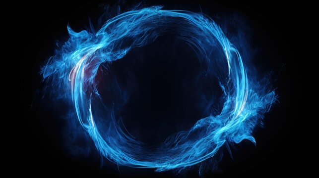 Blue smoke forming a circle on a black background. Ideal for use in abstract designs or as a background element. - Powered by Adobe