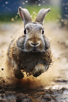 A rabbit is depicted running through the mud. This image can be used to portray the idea of perseverance or to illustrate the concept of overcoming obstacles