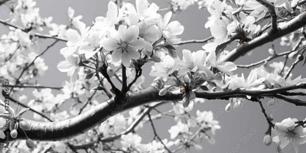 Poster A black and white photo capturing the beauty of a flowering tree. This versatile image can be used in various projects
