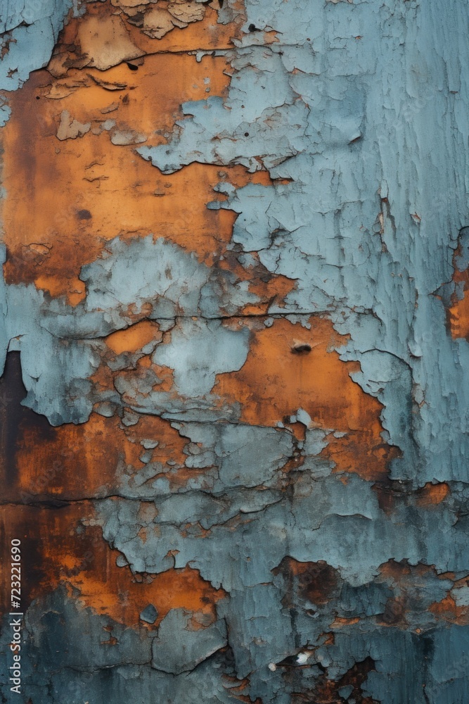 Poster peeling paint in shades of blue and orange on a wall. can be used as a background or texture for des