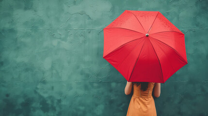 Vibrant Red Umbrella on Teal Background: A Pop of Color on a Rainy Day