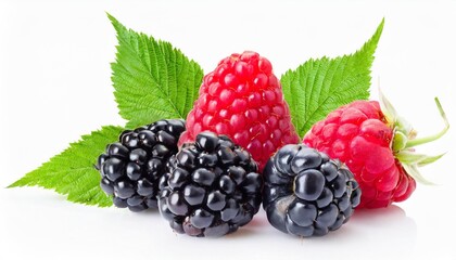 blackberries and raspberries with leaves isolated on white background background with clipping path