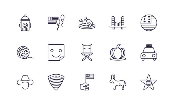 editable outline icons set. thin line icons from united states of america collection. linear icons such as fire hydrant, flag day, golden state, cab, patriotic, walk of fame