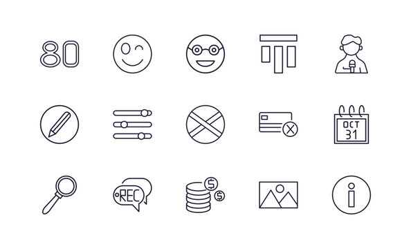editable outline icons set. thin line icons from user interface collection. linear icons such as eighties, winking smile, top alignment, octuber 31, earn money, information