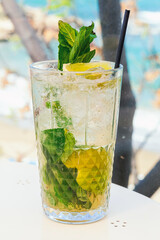 Mojito cocktail with lemon and green mint leaves. Drink in glass with blurred background