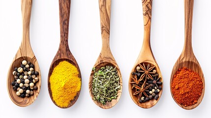 Overhead Shot of Separate Spices in Wooden Spoons on Blank Surface.