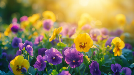 Yellow and purple viola tricolor on a flowerbed. - obrazy, fototapety, plakaty