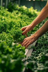 Urban Farmer Tending to Lush Green Lettuce in Hydroponic Farm