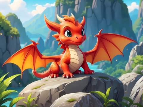 high quality, a illustration cute dragon on a rock