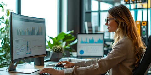 Professional woman analyzing data on computer in modern office. corporate environment. business analysis concept. workplace scenario. AI - obrazy, fototapety, plakaty