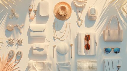 An array of fashionable accessories and clothing items for a summer collection arranged on a pastel background.