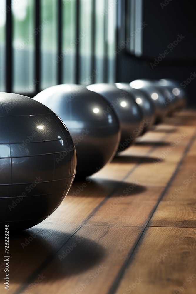 Poster a row of black balls sitting on a wooden floor. great for adding a modern touch to any interior desi