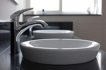 Silver chrome faucet and white sink in a bright bathroom.