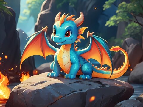 high quality, a illustration cute dragon on a rock