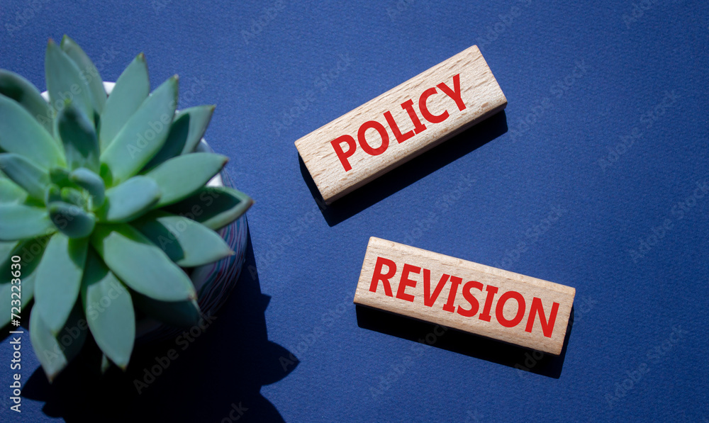 Canvas Prints Policy revision symbol. Concept word Policy revision on wooden blocks. Beautiful deep blue background with succulent plant. Business and Policy revision concept. Copy space