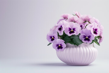 Potted violet pansy on a light background with copy space.