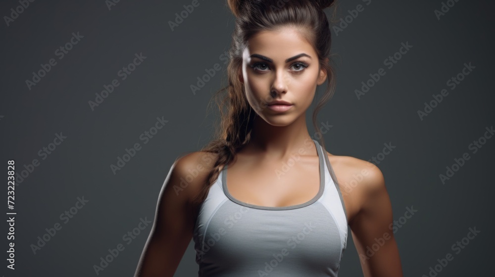 Poster A woman is captured posing for a picture in a tank top. This versatile image can be used in various contexts