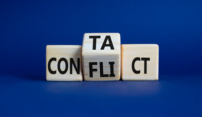 Contact and Conflict symbol. Wooden cubes with words Contact and Conflict. Beautiful deep blue background. Contact and Conflict and business concept. Copy space