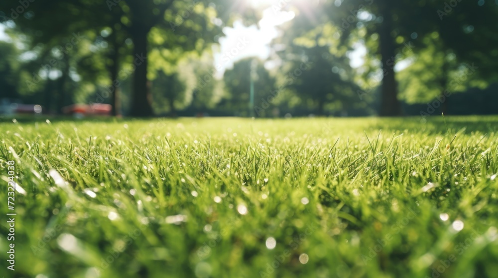 Aufkleber a beautiful field of grass with the sunlight filtering through the trees. perfect for nature and lan