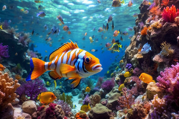 Naklejka na ściany i meble Ocean coral reef underwater. Sea world under water background. Beautiful view of sea life. Clown fish. Ecosystem.