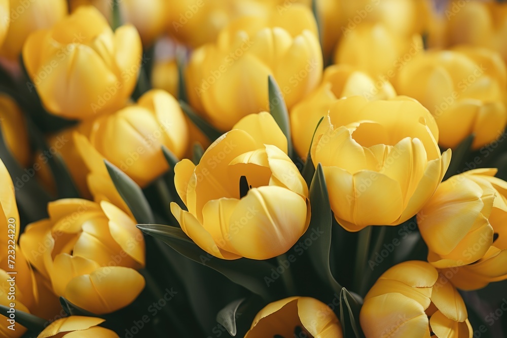Poster a beautiful arrangement of yellow tulips in a vase. perfect for adding a touch of elegance and vibra