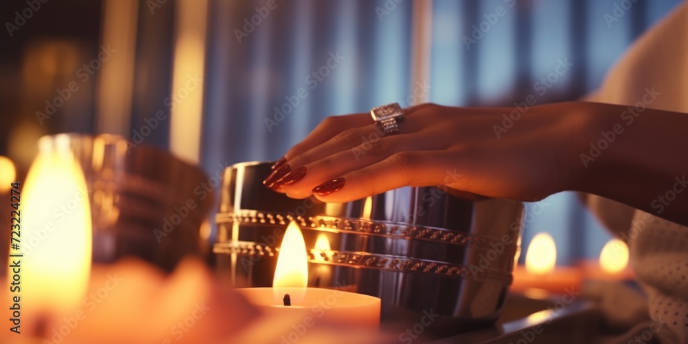 Poster A woman is seen lighting a candle at a table. This image can be used to create a cozy and intimate atmosphere in various settings