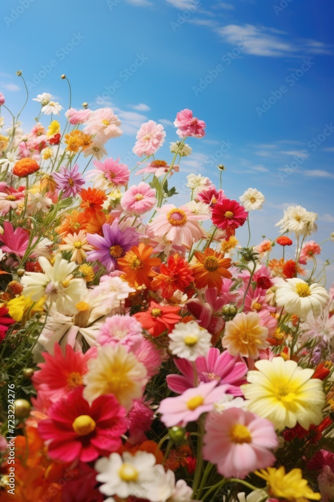 Poster A beautiful field of flowers with a clear blue sky in the background. Perfect for adding a touch of nature to your designs or projects