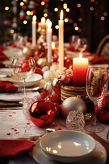 A festive table set for a Christmas dinner, featuring candles and decorative ornaments. Perfect for holiday gatherings and celebrations
