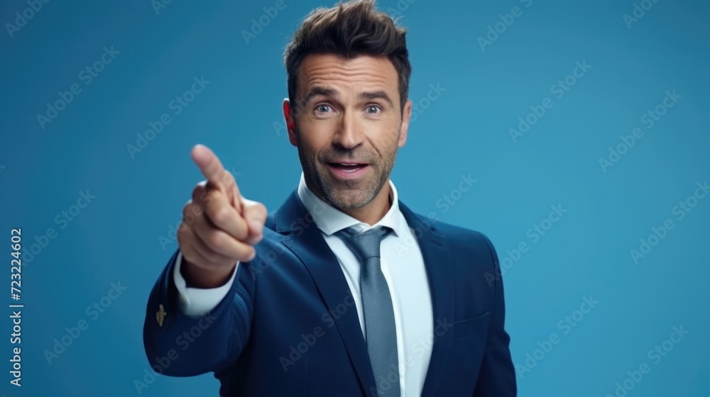 Poster a confident man in a suit pointing directly at the camera. suitable for business presentations and p