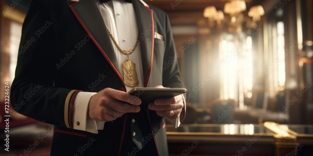 Poster a sophisticated man dressed in a tuxedo holding a modern cell phone. suitable for business, technolo
