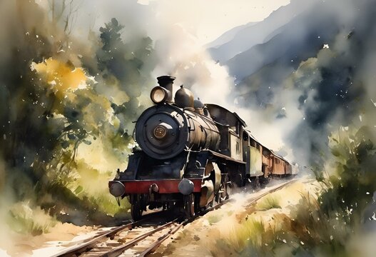 a train is traveling down the railroad track watercolor painting