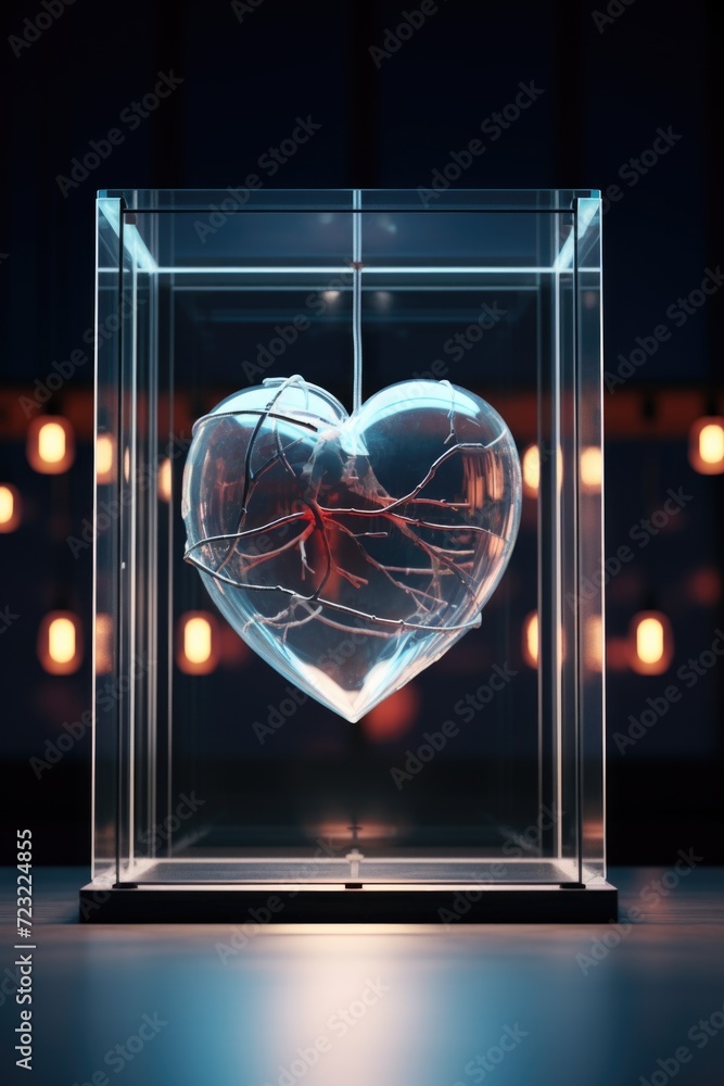 Poster A heart-shaped object enclosed in a transparent glass box, illuminated by colorful lights in the background. Suitable for various occasions and themes