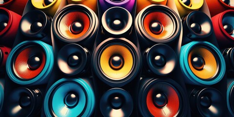 A collection of speakers stacked together, ready to provide powerful sound. Ideal for music events, parties, or audio equipment promotions