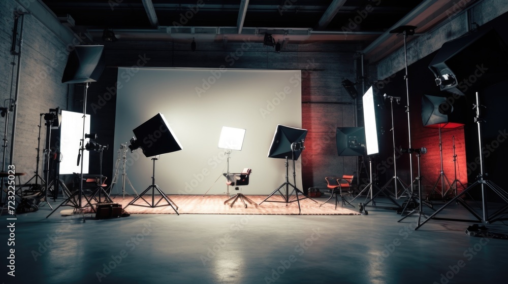 Poster a photo studio equipped with various lights and lighting equipment. suitable for professional photog