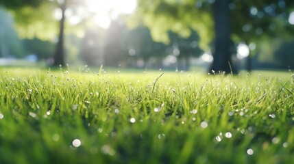 A picture of a grass field with sparkling water droplets. Perfect for nature-themed designs and backgrounds