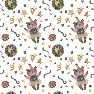 Watercolor seamless pattern vintage party with cute vintage cat in carnival costume with stars. Сonfetti and pompom. Background for postcards, packing paper, decor, and textiles.