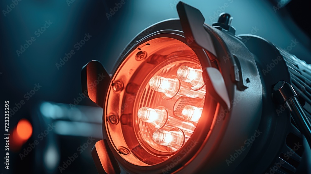 Poster A close up view of a red light shining in a dark room. This image can be used to create a mysterious or intense atmosphere