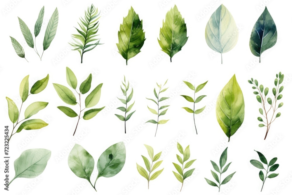 Poster A collection of green leaves on a white background. This versatile image can be used in various projects and designs