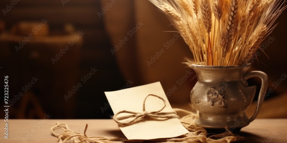 Aufkleber a simple yet elegant composition featuring a vase filled with wheat and a handwritten note on a tabl