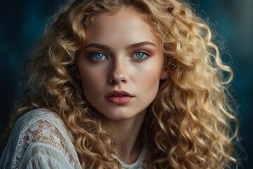Fototapeta premium A stunning portrait of a model girl with piercing blue eyes and cascading golden curls