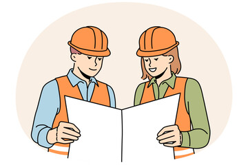 Smiling engineers in helmets study blueprint at site. Man and woman builders or developers with paperwork in hands. Teamwork, engineering. Vector illustration.