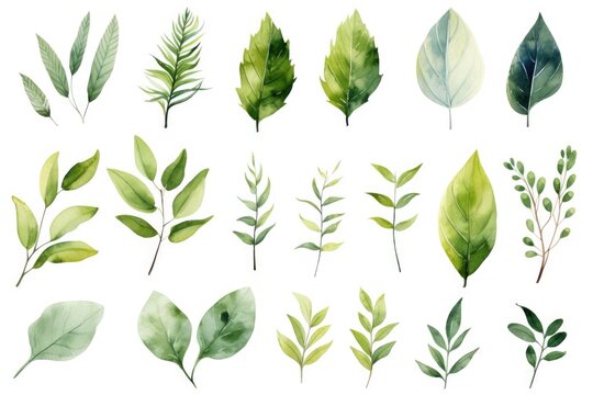 A collection of green leaves on a white background. This versatile image can be used in various projects and designs