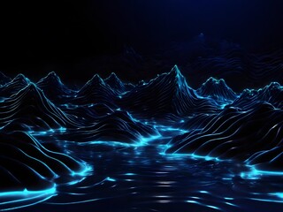 Surreal 3D mountain range with blue waves.This image is a 3D rendering of a mountain range surrounded by blue waves.