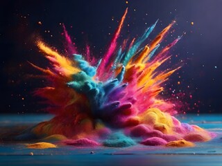 Colorful powder explosion on blue surface - obrazy, fototapety, plakaty