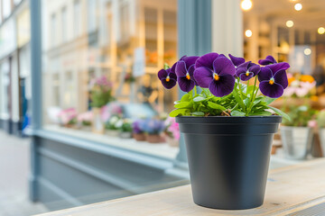 Showcase with purple pansy or viola tricolor in a black pot in the flower shop.